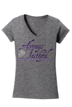 Always Faithful Proud Girlfriend Ladies USMC V-Neck T-Shirt-Sport Grey