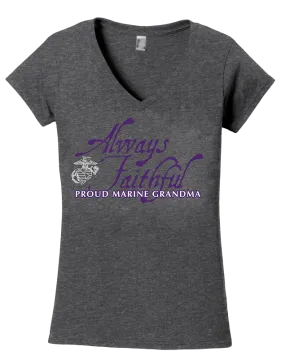 Always Faithful Proud Grandma USMC V-Neck Tee-Sport Grey
