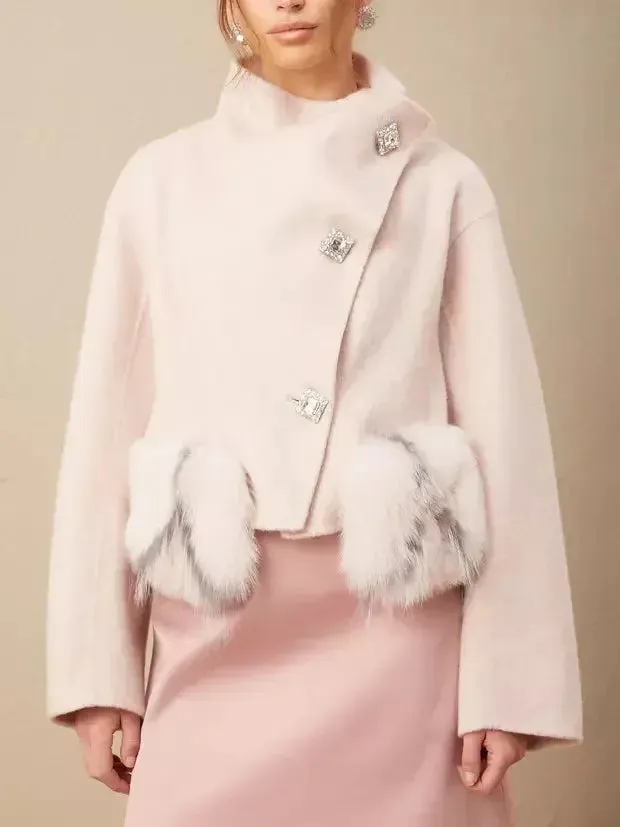 Asymmetrical Placket Pink Wool Jacket with Fur Pockets