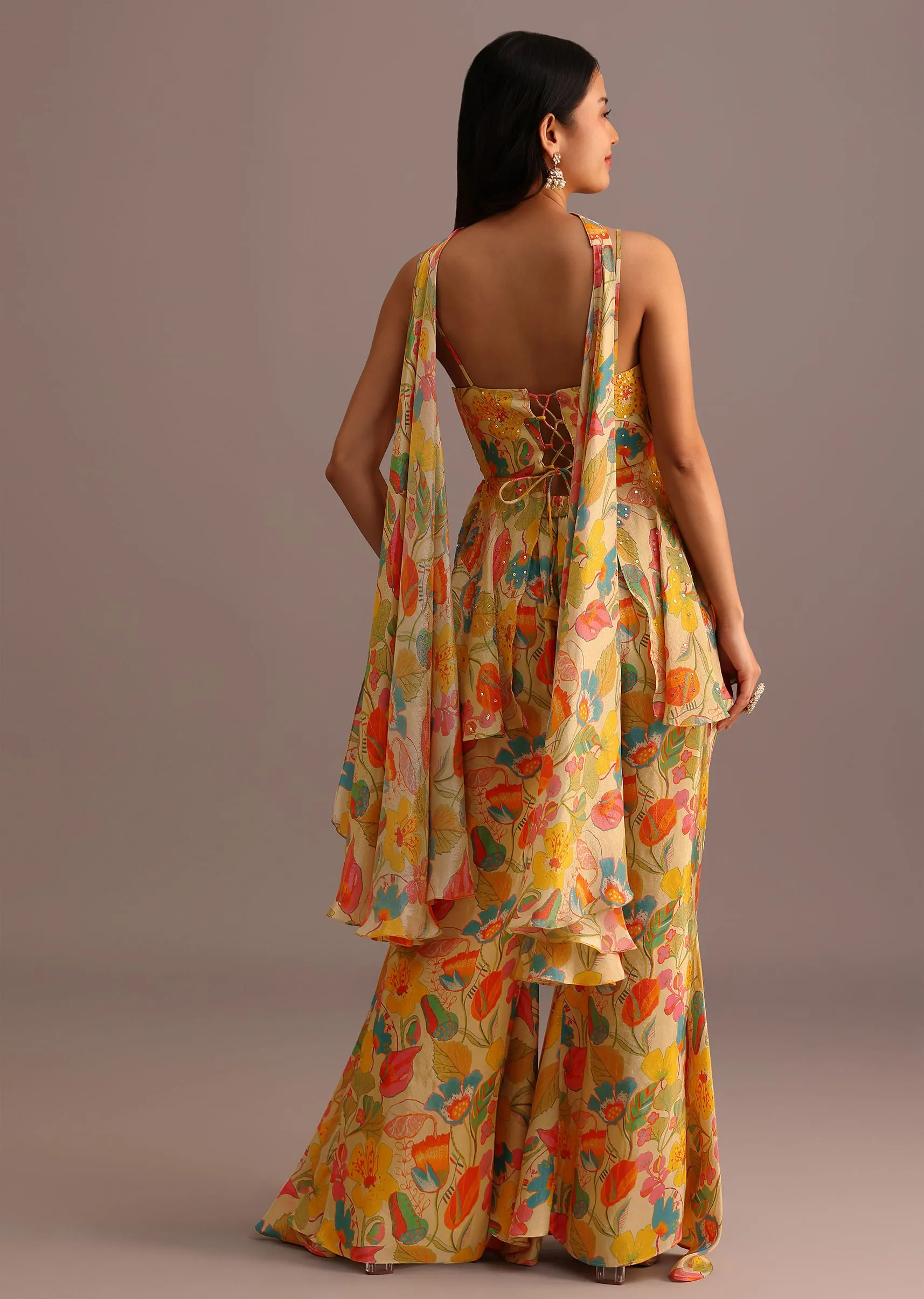 Beige Floral Printed Kurti Sharara Suit With Tissue Dupatta