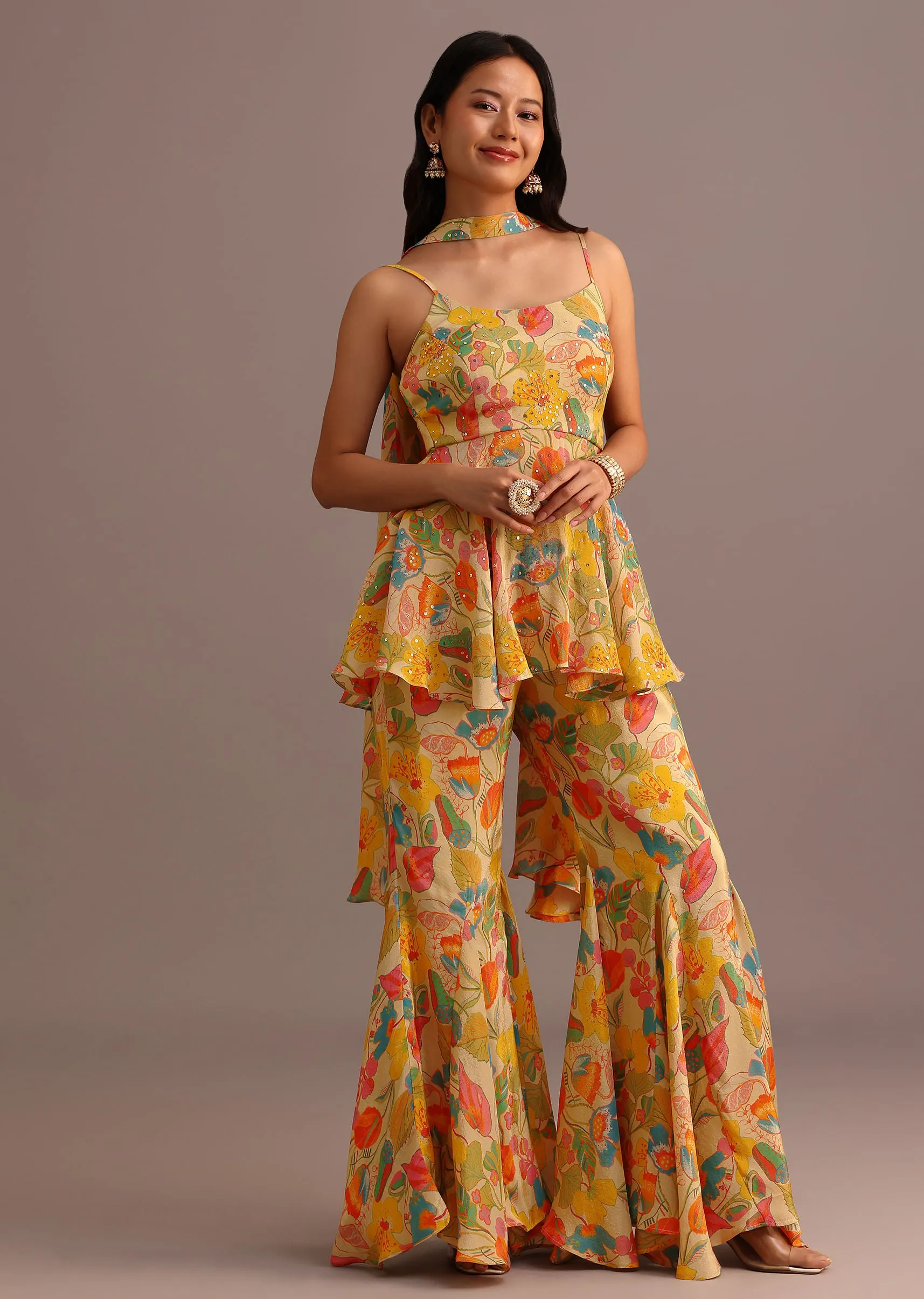 Beige Floral Printed Kurti Sharara Suit With Tissue Dupatta