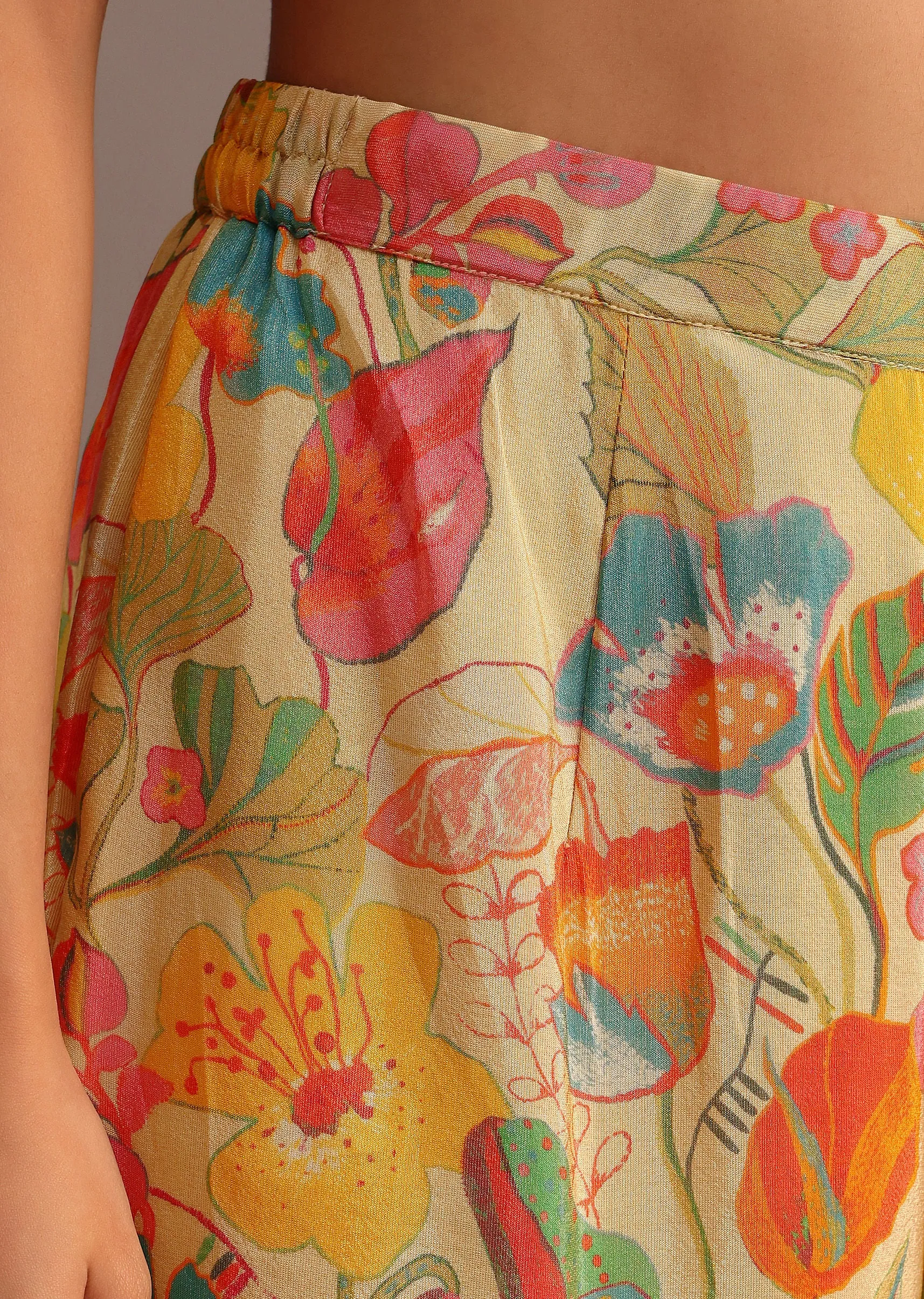 Beige Floral Printed Kurti Sharara Suit With Tissue Dupatta