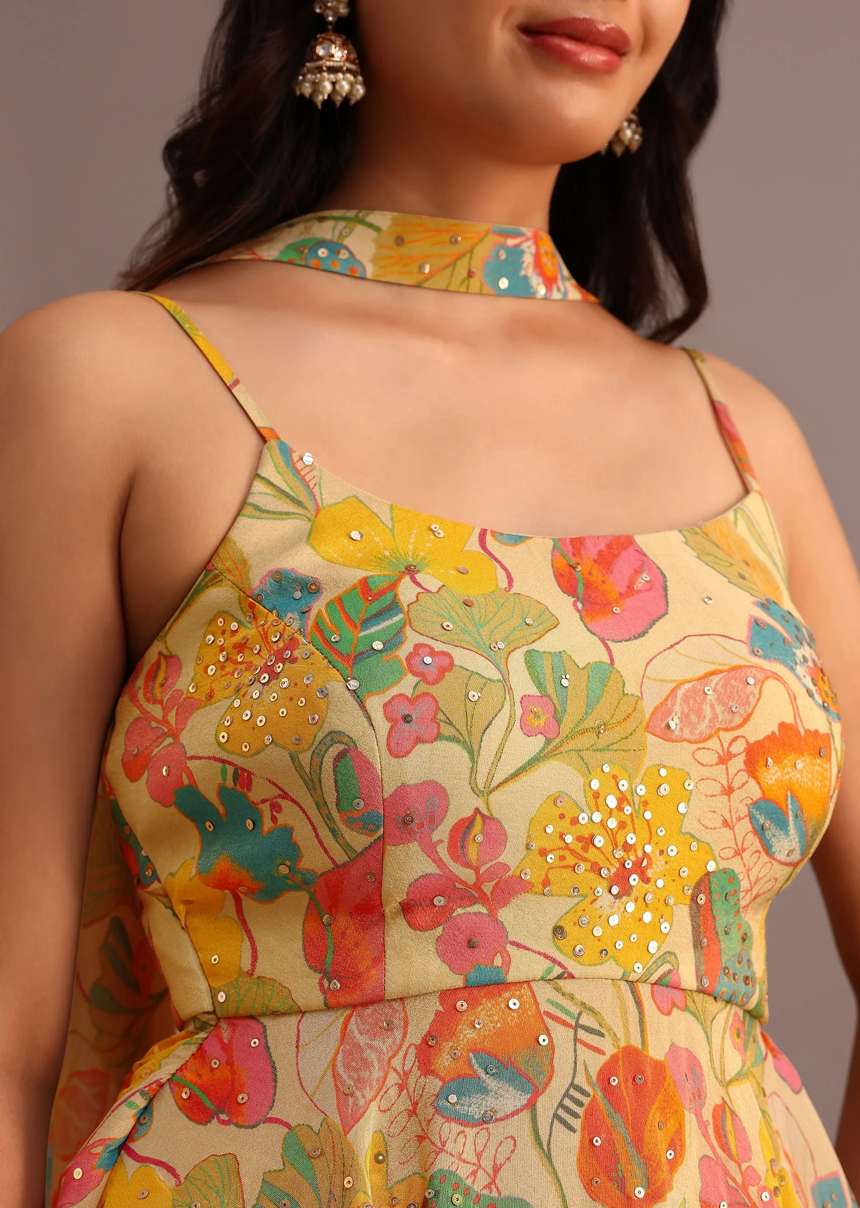 Beige Floral Printed Kurti Sharara Suit With Tissue Dupatta