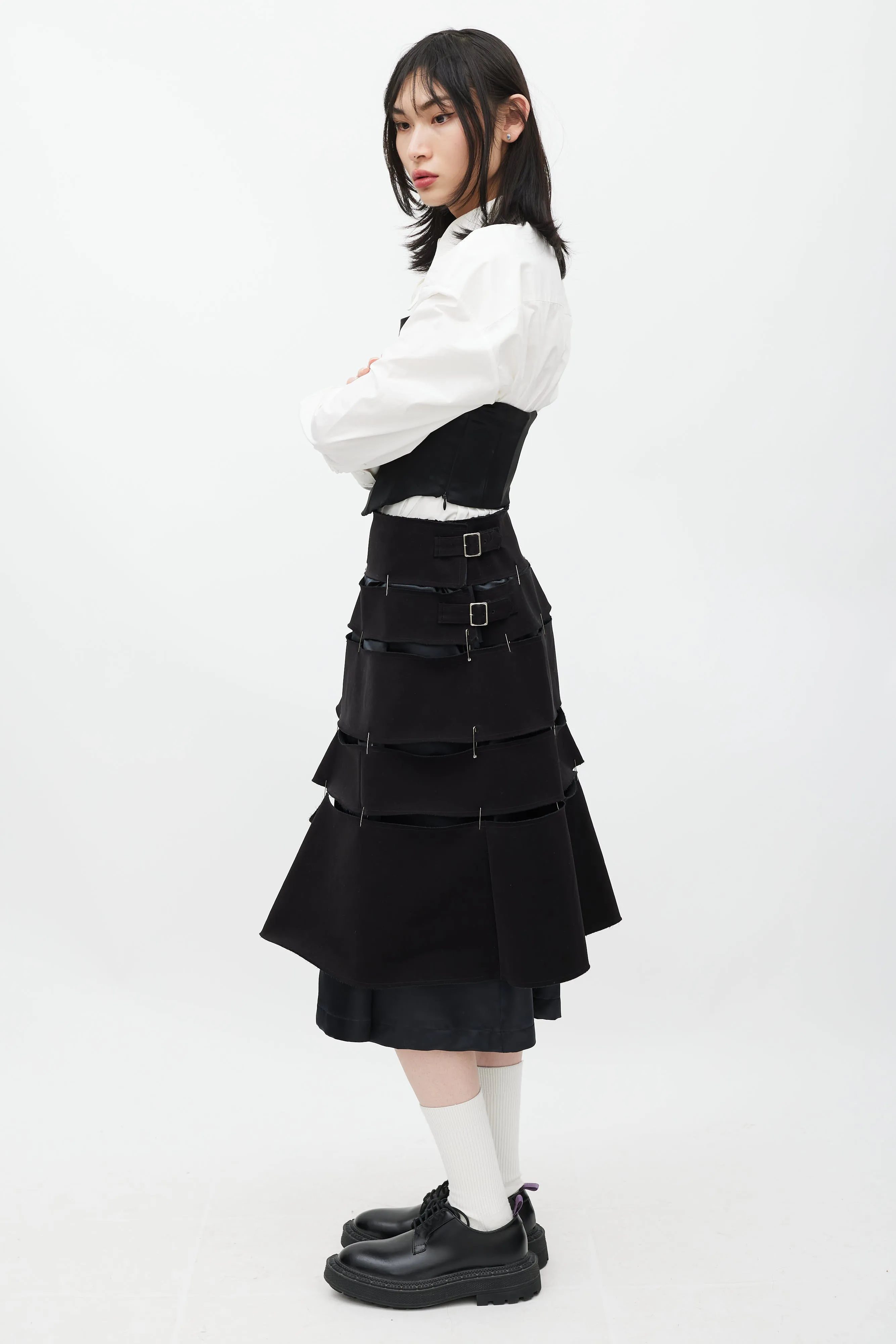 Black Tiered Safety Pin Buckle Skirt