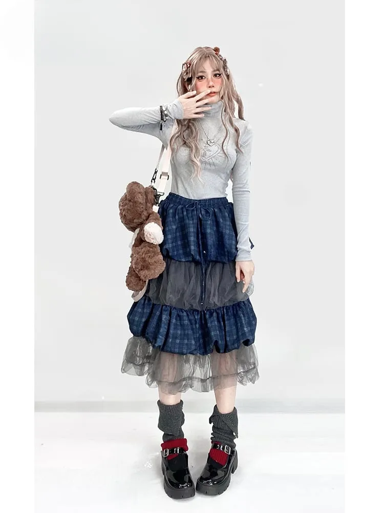 Blue Plaid Pattern Patchwork Tiered Bubble Skirt