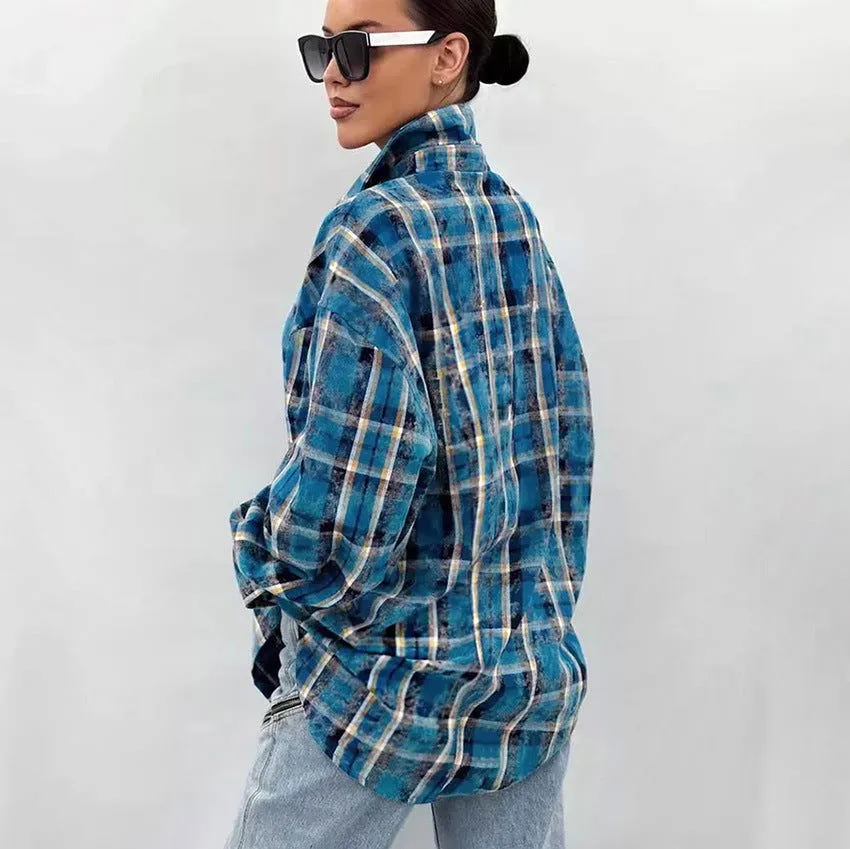 Classic Cotton Plaid Loose Fitting Long Sleeved Collared Shirt Summer Office Cardigan Shirt Women