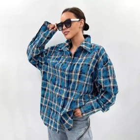 Classic Cotton Plaid Loose Fitting Long Sleeved Collared Shirt Summer Office Cardigan Shirt Women