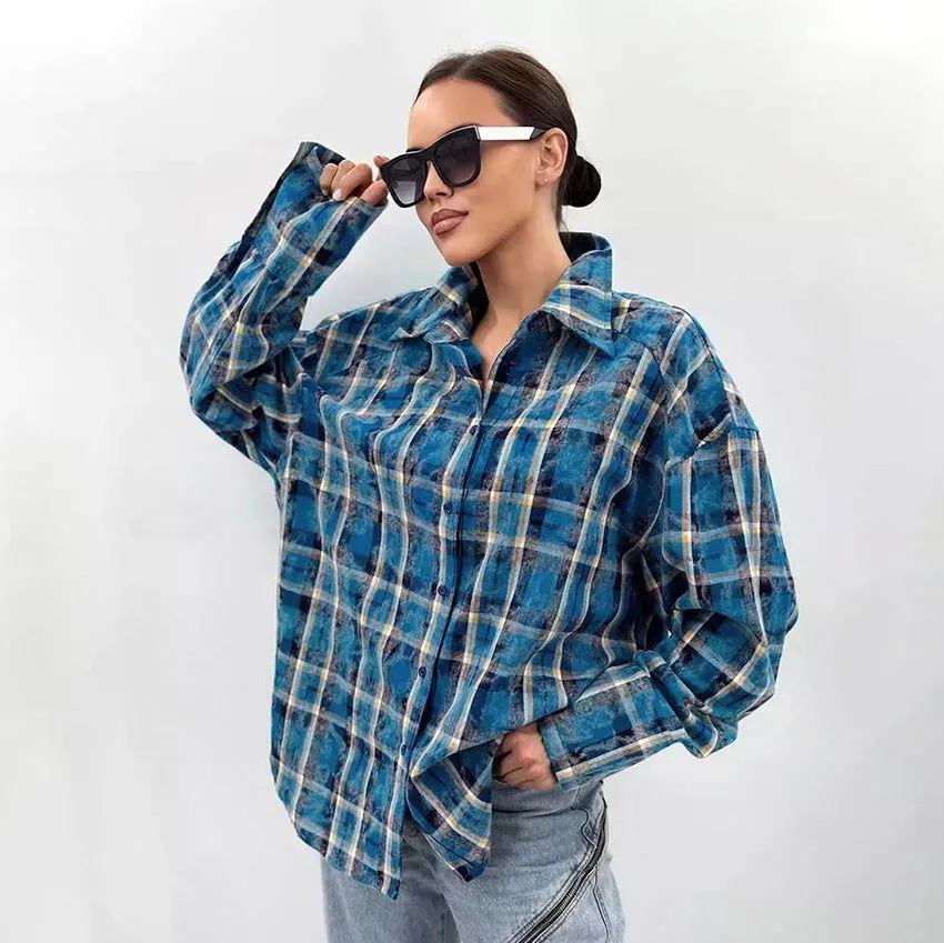 Classic Cotton Plaid Loose Fitting Long Sleeved Collared Shirt Summer Office Cardigan Shirt Women