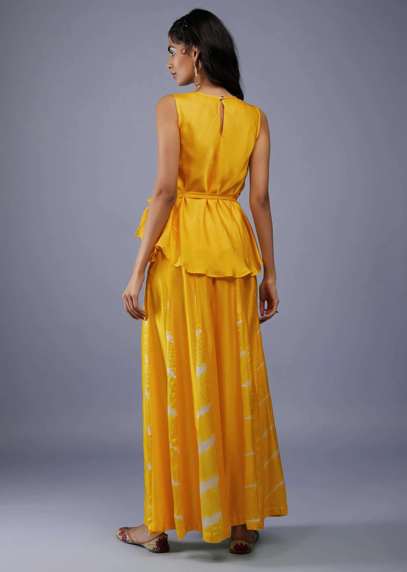 Cyber Yellow Bandhani Print Peplum Top With Yellow Tie-Dye Palazzo
