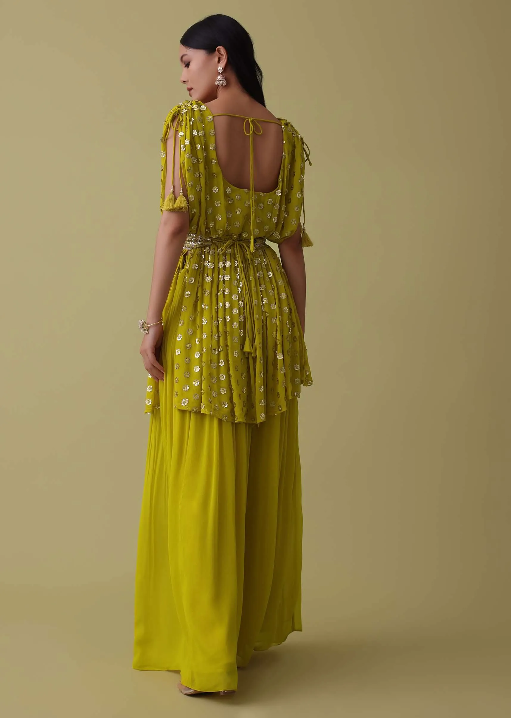 Cyber Yellow Palazzo Top Set In Georgette With Sequins Work