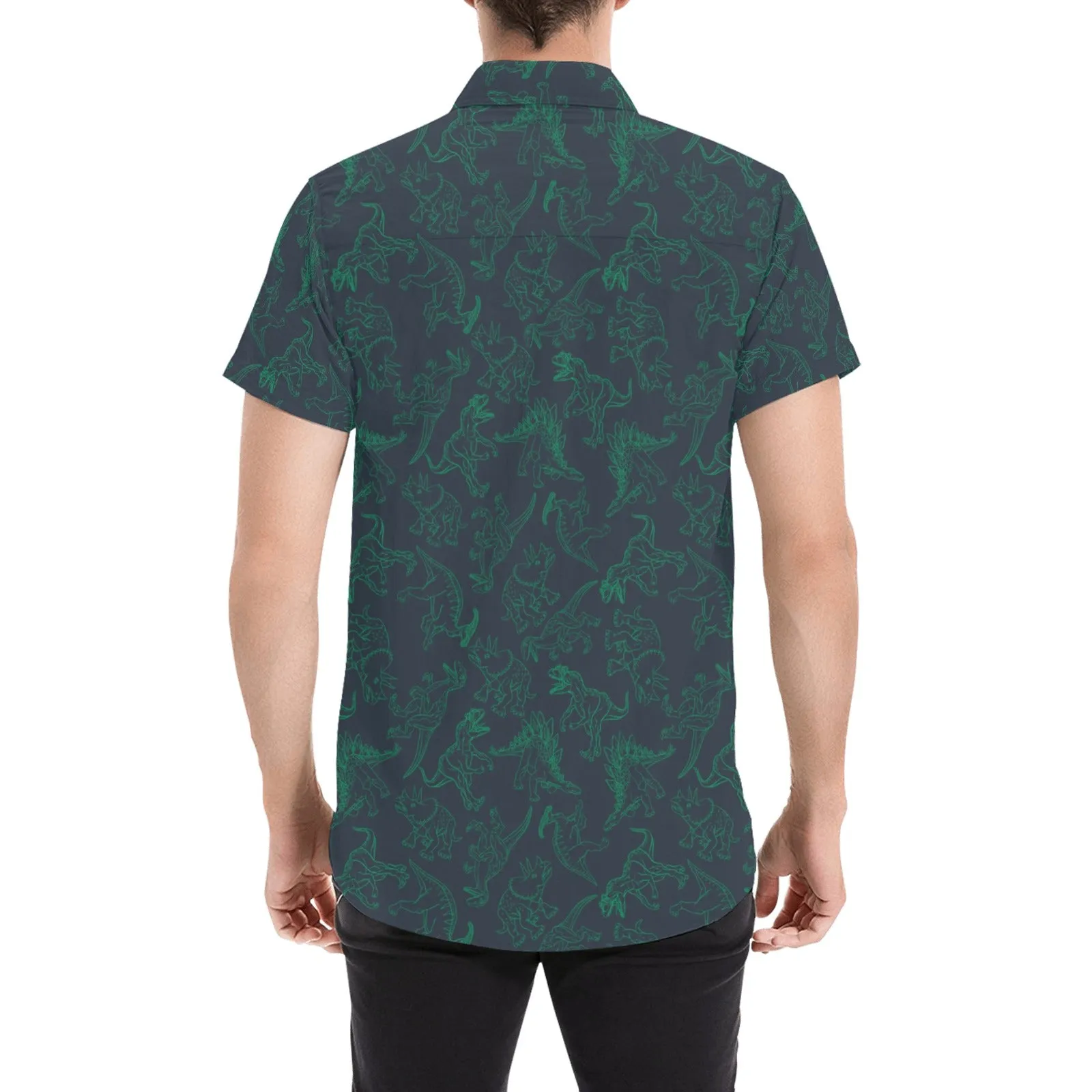 Dinosaur Short Sleeve Men Button Up Shirt, Dino Skeleton Trex Green Print Casual Buttoned Down Summer Dress Shirt Gift Husband