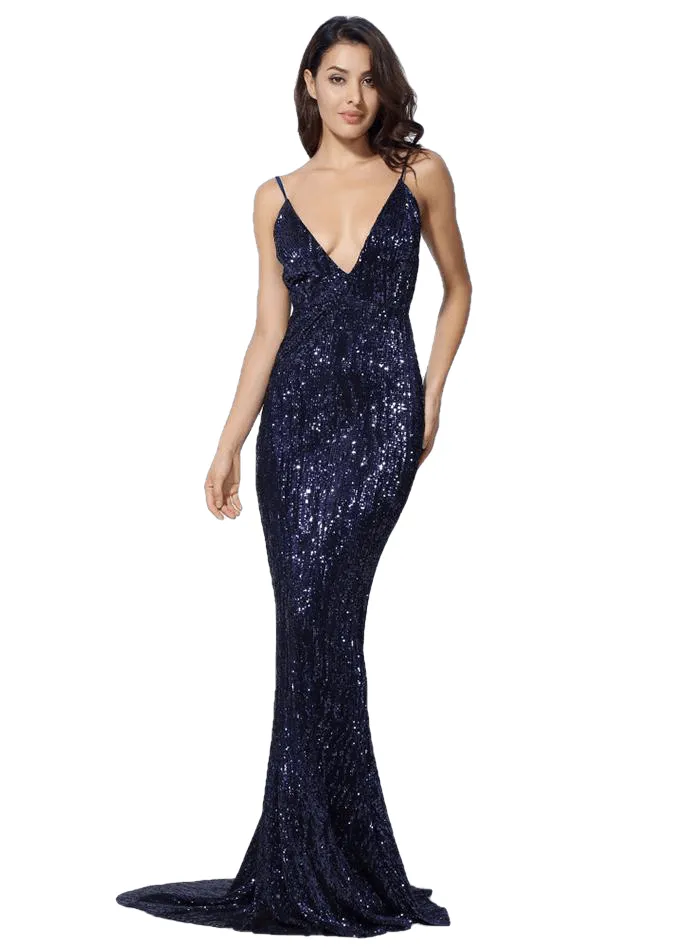 Elastic Collar Exposed Back Long Dress Navy/Silver/Pink/Black/Red/Champagne For Ladies