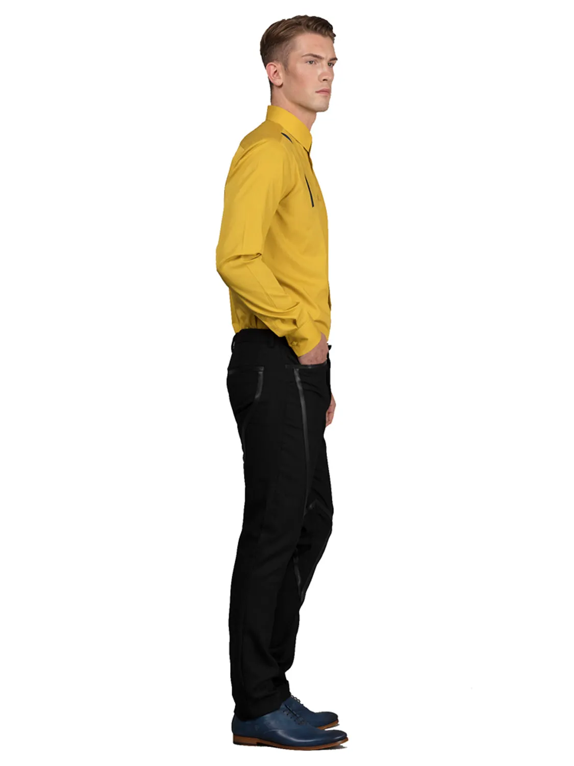 Leather Strip Wool Trousers - Black