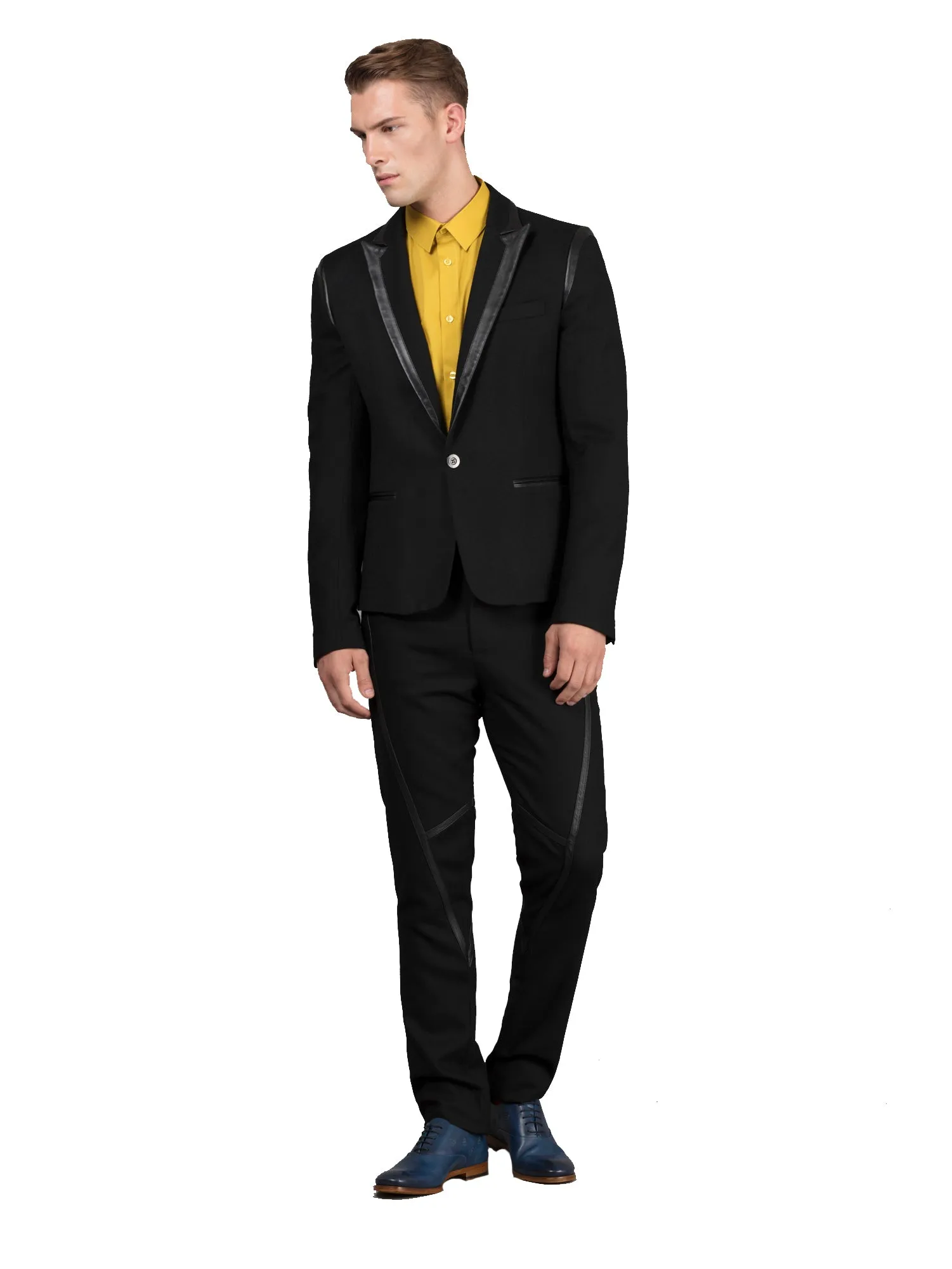Leather Strip Wool Trousers - Black