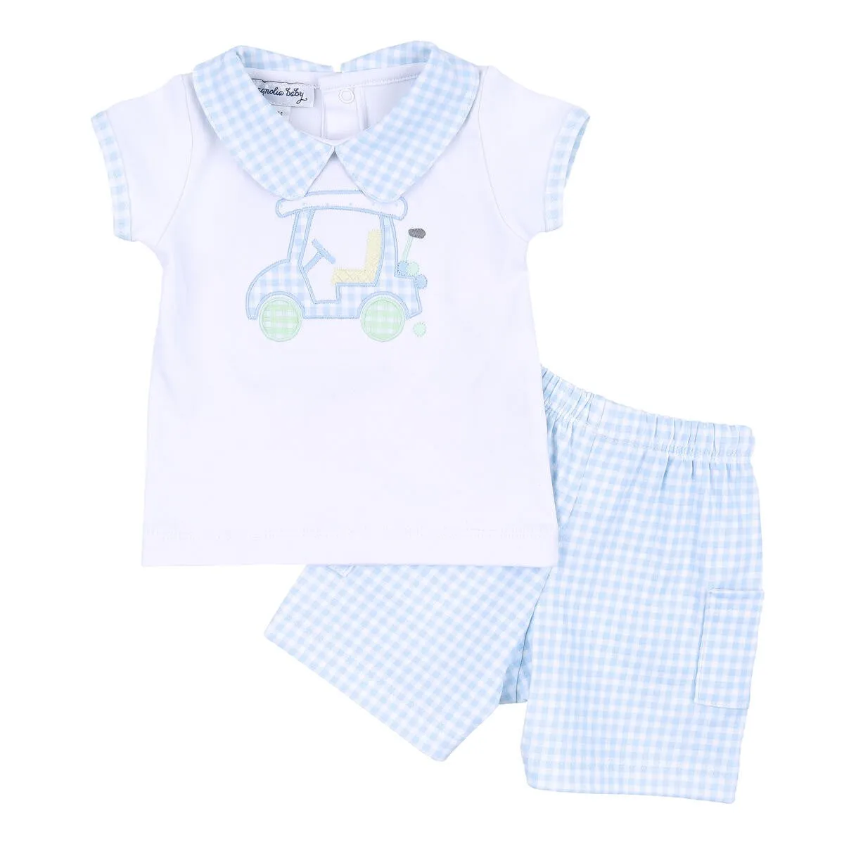 Magnolia Baby Blue Gingham Little Caddie Golf Applique Shorts Set with Collar