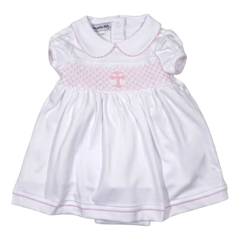 Magnolia Baby Girls Blessed White Smocked Pink Cross Dress