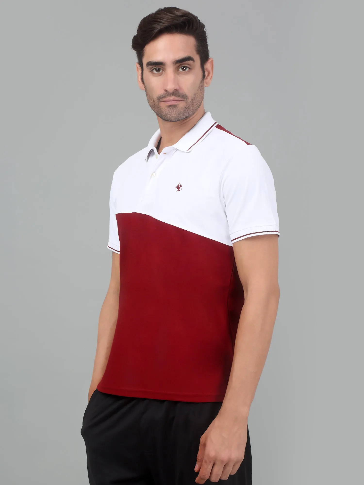 Men's Maroon Color block Polo neck Half Sleeve T-Shirt with contrast cut and sew