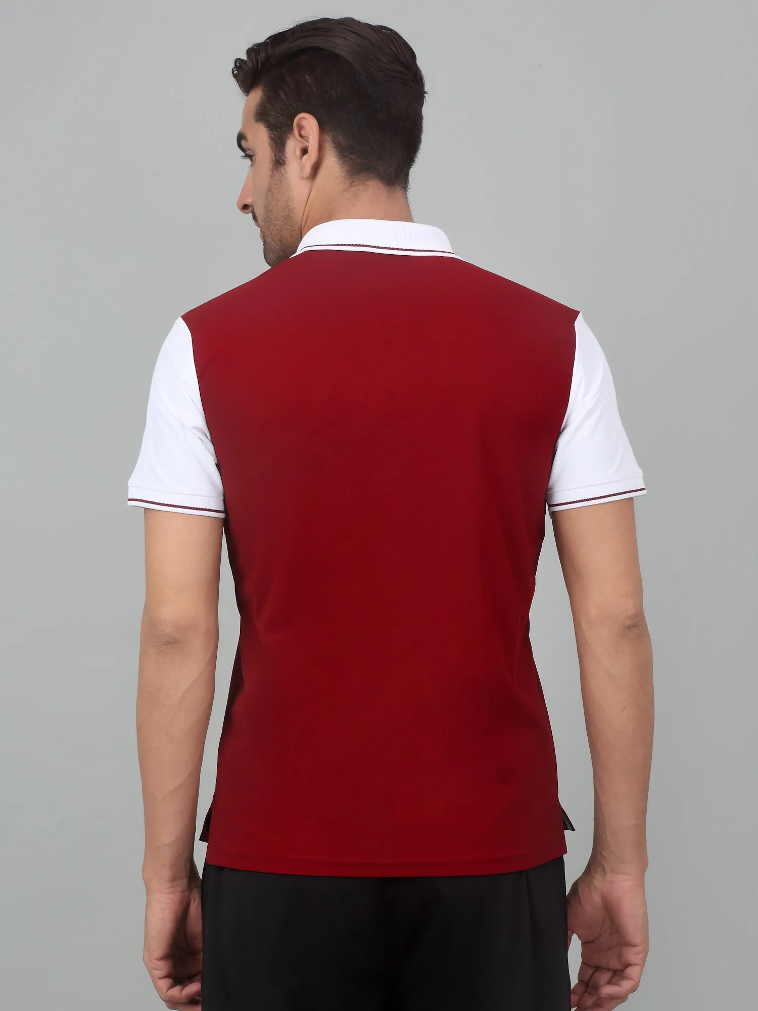 Men's Maroon Color block Polo neck Half Sleeve T-Shirt with contrast cut and sew