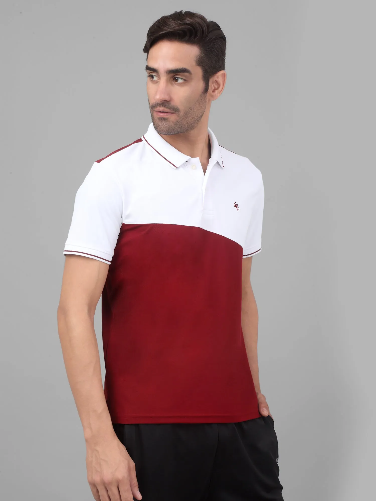 Men's Maroon Color block Polo neck Half Sleeve T-Shirt with contrast cut and sew