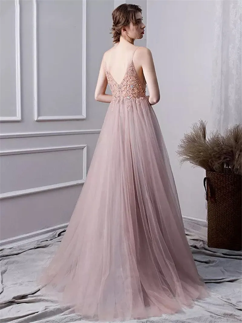 Nice V Neck Beading Tulle Pink Long Graduation Dress Prom for Girls PL08084