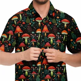 Red Mushroom Short Sleeve Men Button Up Shirt, Cottagecore Fungi Forest Print Casual Buttoned Down Summer Collared Dress Shirt