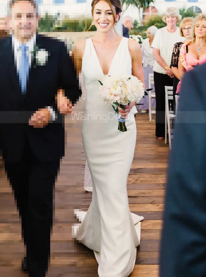 Satin Mermaid Wedding Dresses,Ivory Wedding Dress with Illusion Back,WD00334