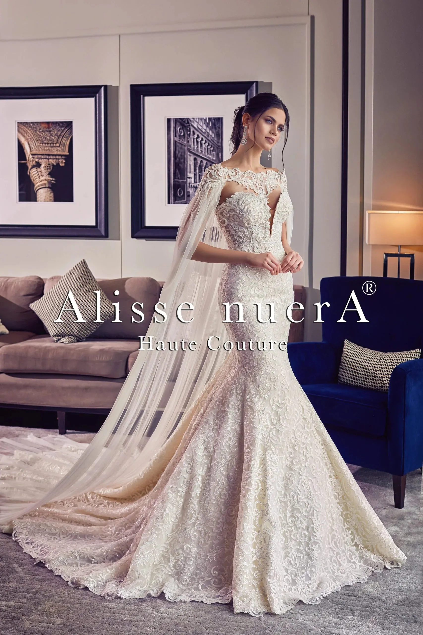 Shoulder Cape Veil Mermaid Bridal Gown Beaded with Crystal Stones