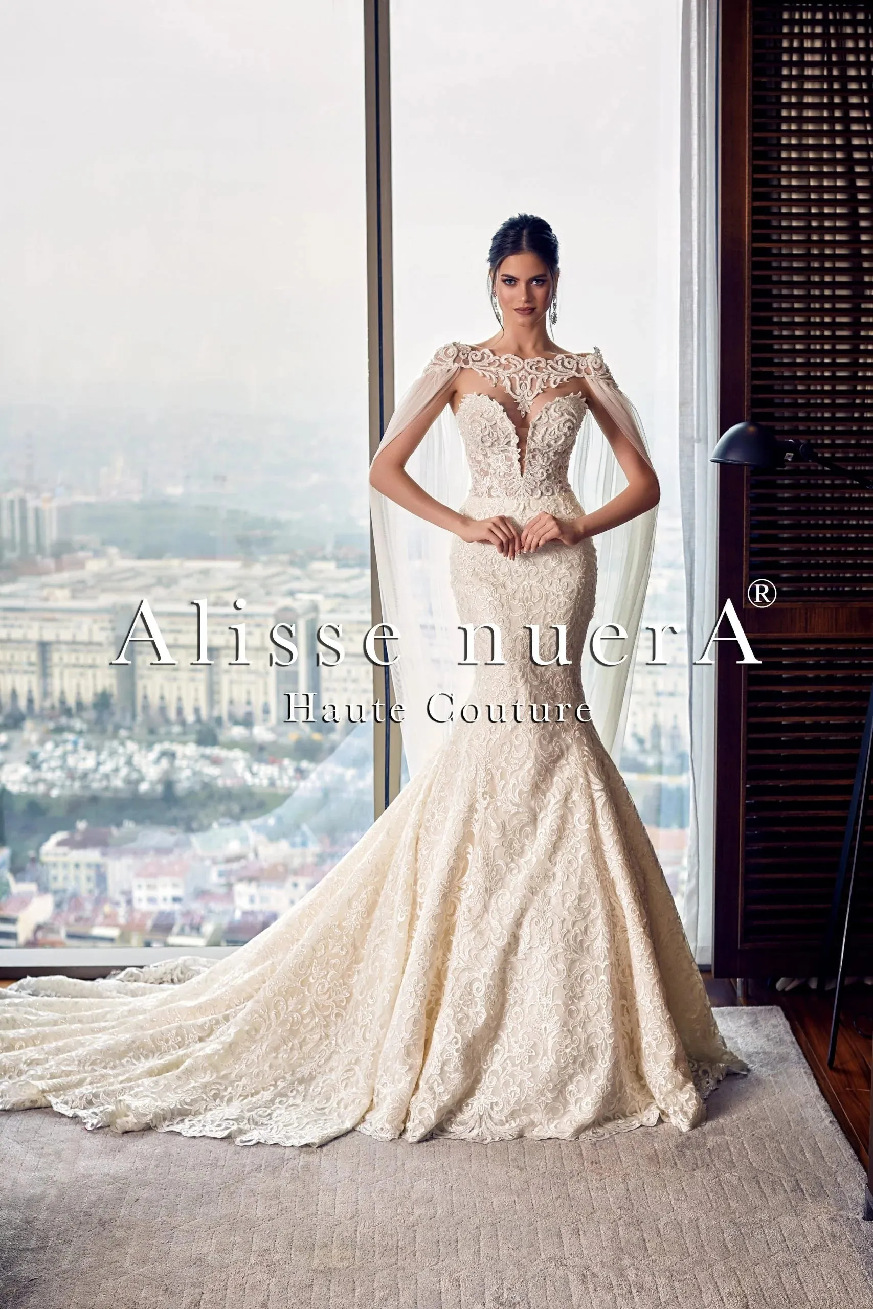 Shoulder Cape Veil Mermaid Bridal Gown Beaded with Crystal Stones