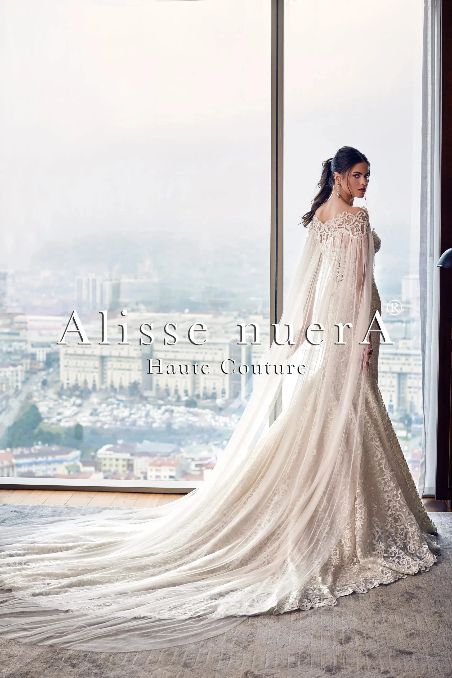 Shoulder Cape Veil Mermaid Bridal Gown Beaded with Crystal Stones