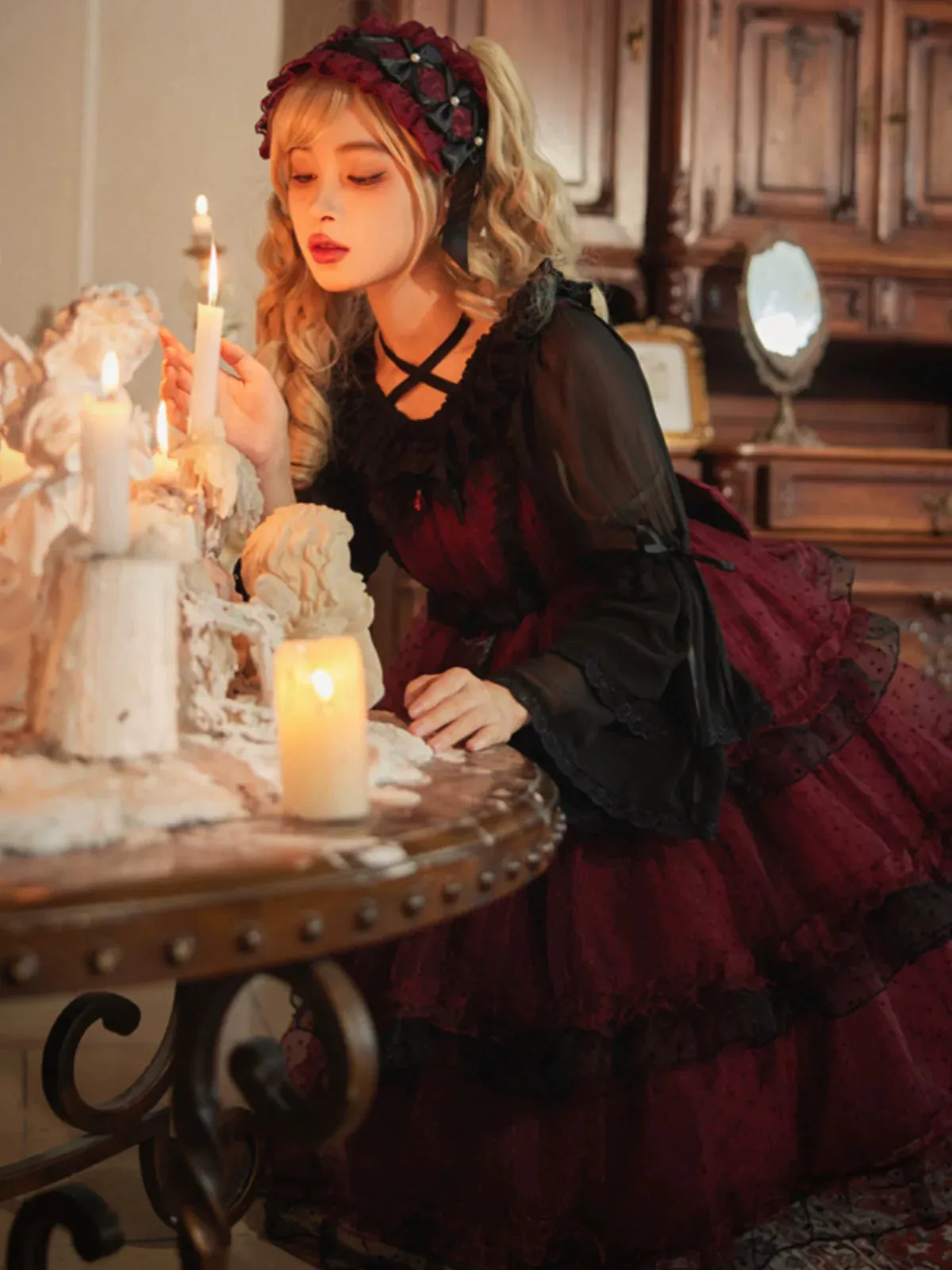 Suspender Red Tiered Dark Dress