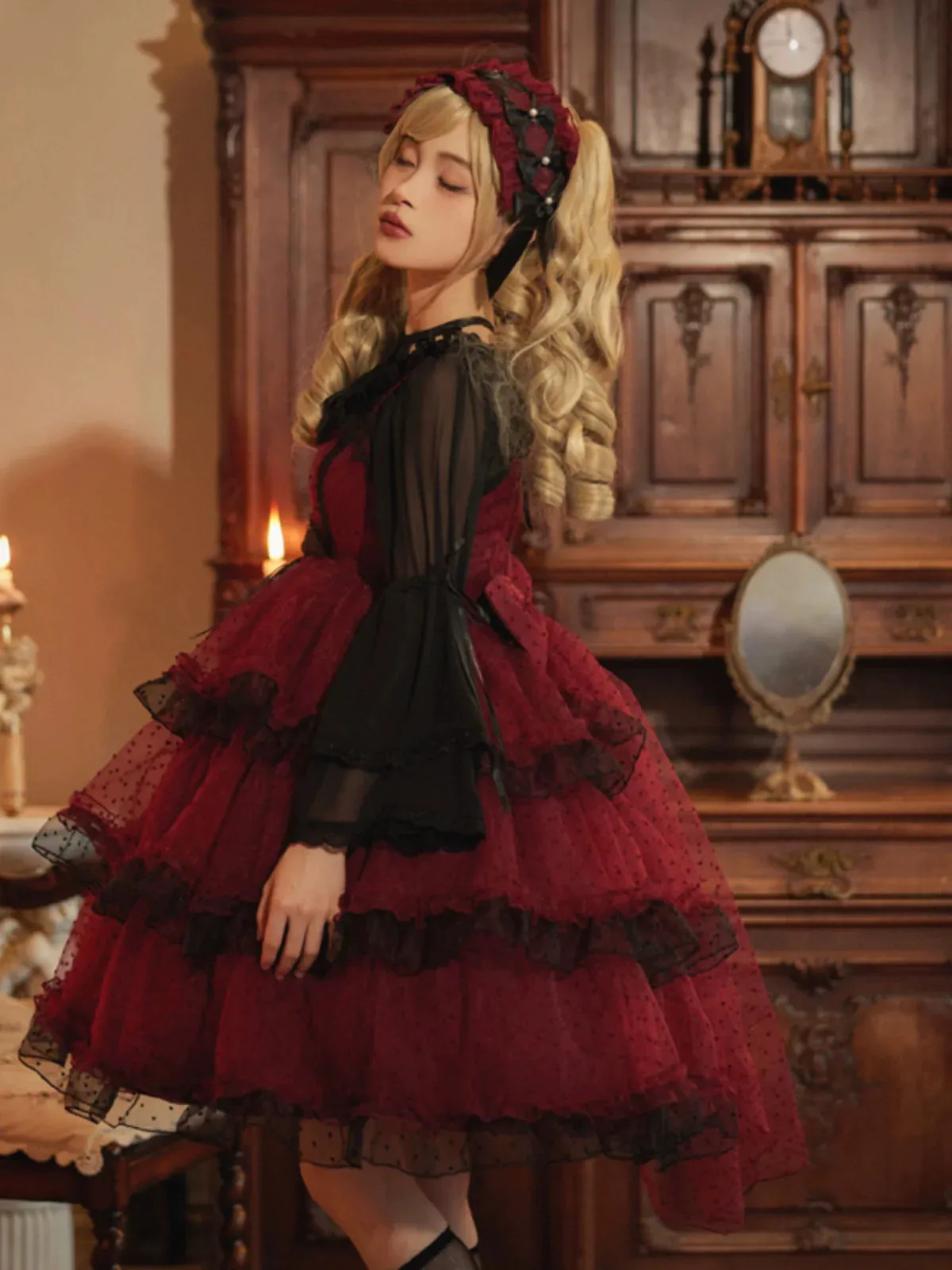 Suspender Red Tiered Dark Dress