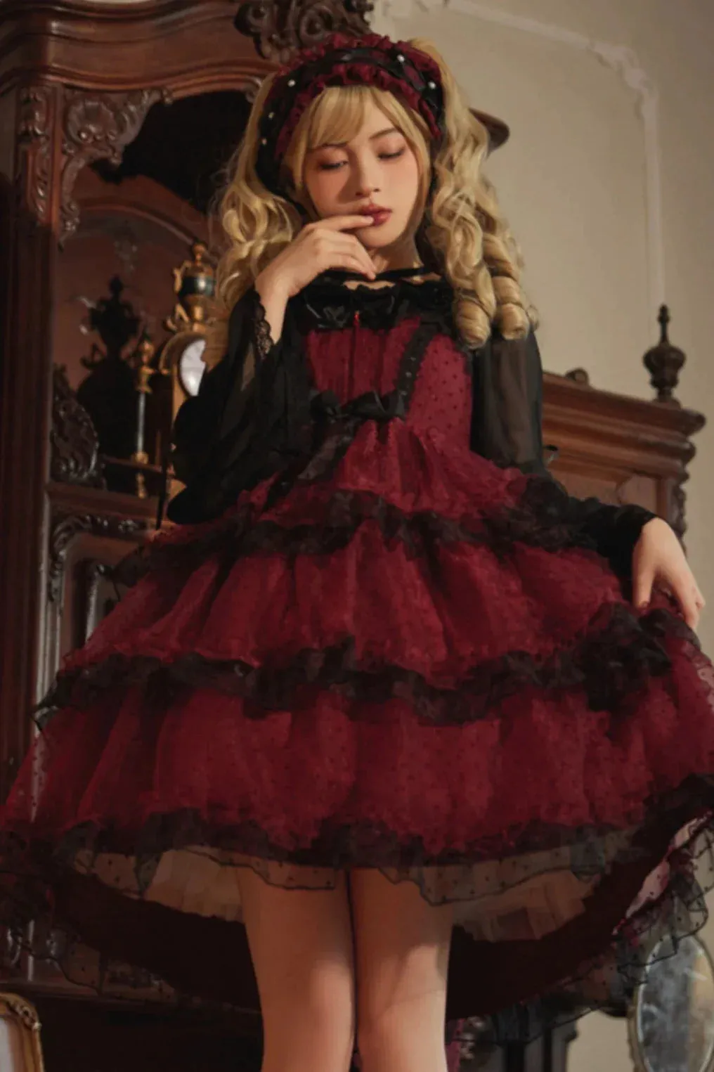 Suspender Red Tiered Dark Dress