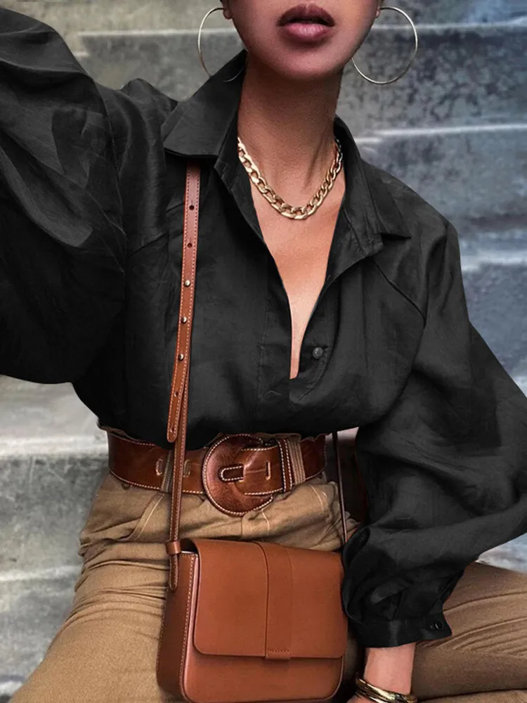 V-Neck Lapel Retro Casual Solid Blouses For Women