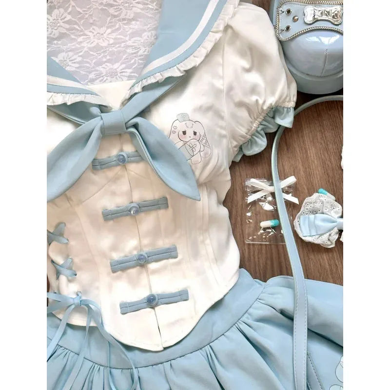 Vevesc Fashion Korean Popular Uniform Perppy Style Two Piece Sets Constrast Color Streetwear Cute Print Shirts Pleated Tiered Skirts