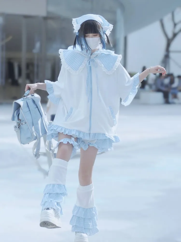 White Blue Plaid Tiered Leg Sleeves