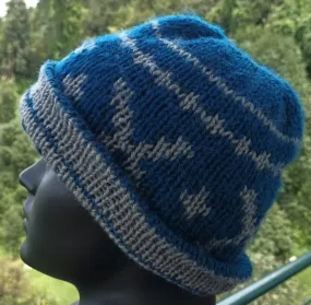 Woollen Head Cap for Warm Winter | Hand Knitted | Reversible | Blue & Grey